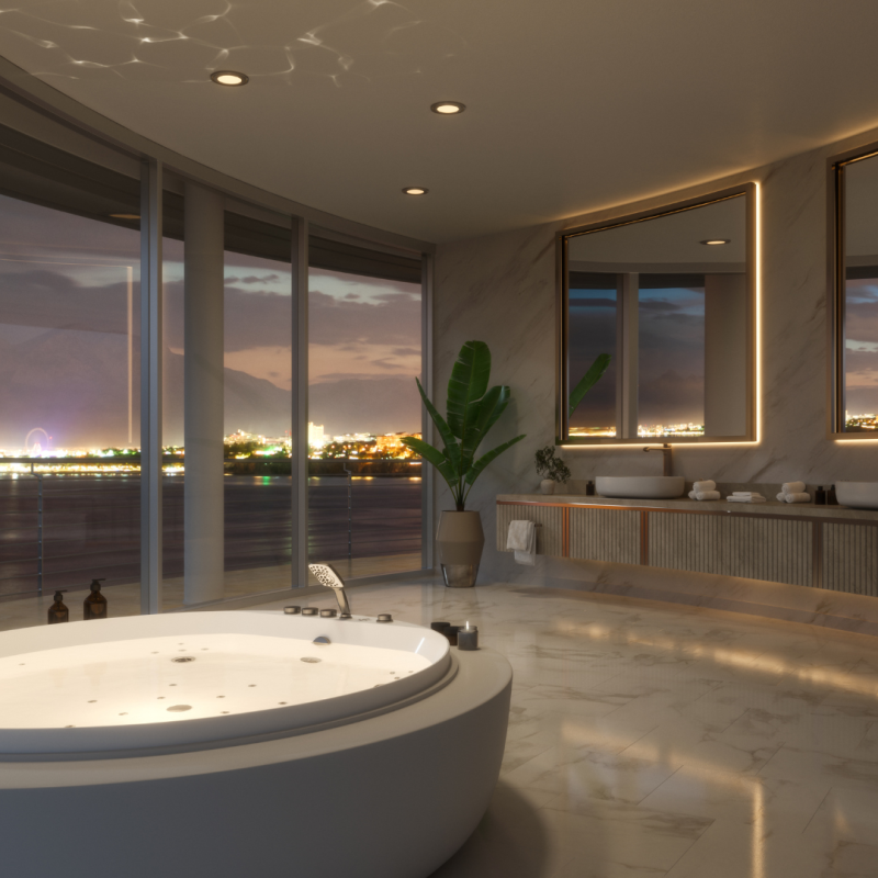 modern bathroom image featuring a freestanding tub, rainfall shower, and stylish fixtures