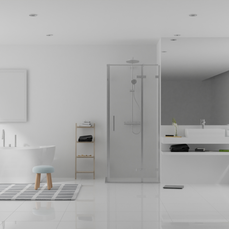 modern bathroom image featuring a freestanding tub, rainfall shower, and stylish fixtures