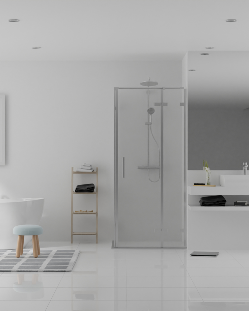 modern bathroom image featuring a freestanding tub, rainfall shower, and stylish fixtures